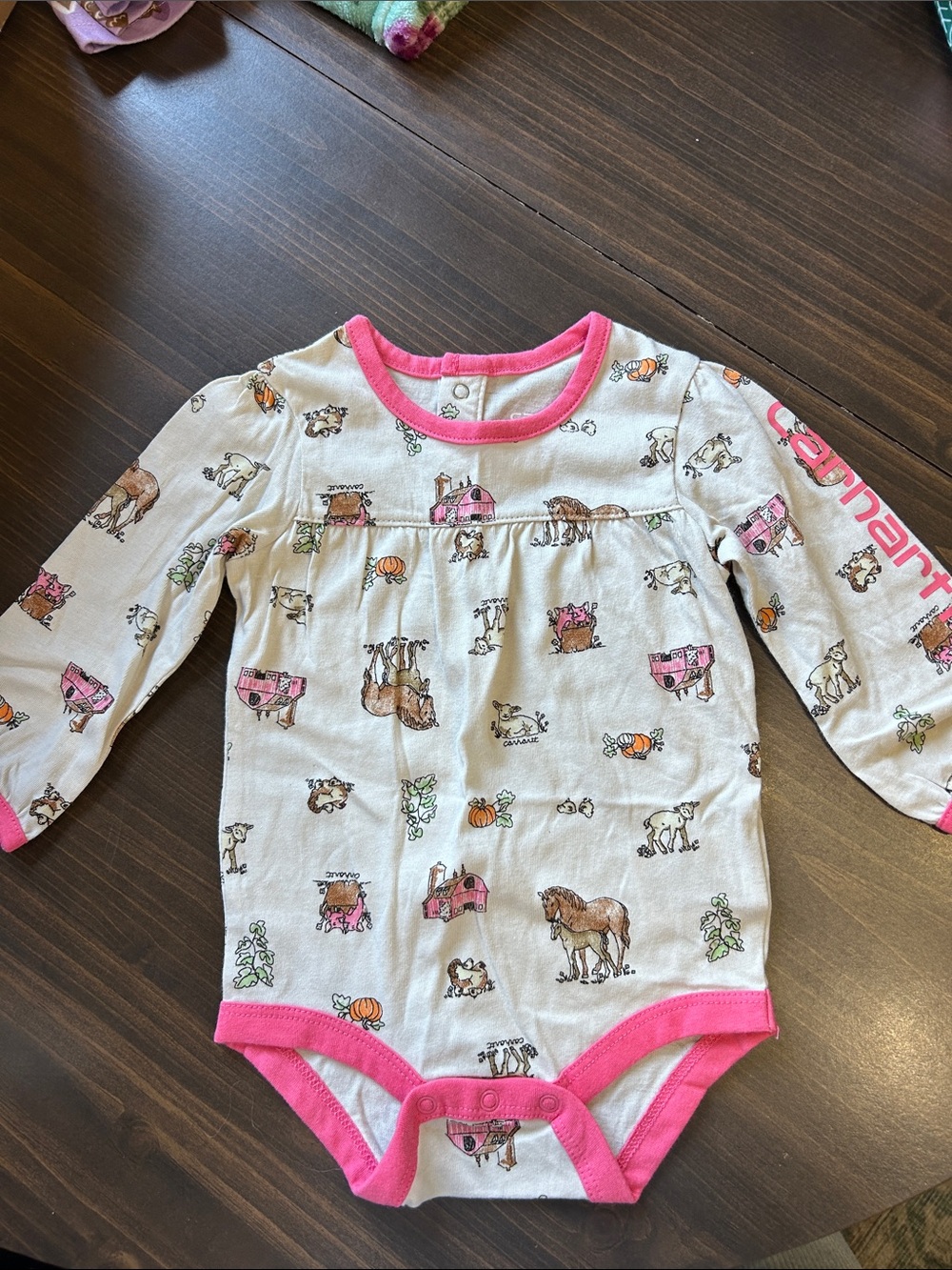 Carhartt Bodysuit with Pink Trim and Farm Animal Print size 6 months pumpkin